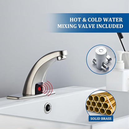 Luxice Brushed Nickel Touchless Bathroom Sink Faucet, Battery Operated Automatic Motion Sensor Hands Free Commercial Faucets with Hot & Cold Temperature Mixing Valve