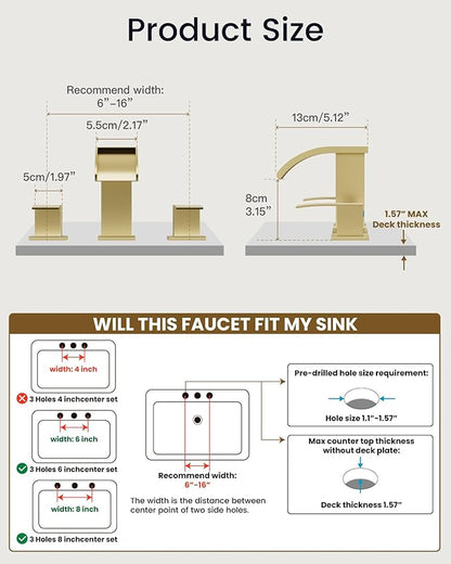 gotonovo Waterfall 8 inch Widespread Bathroom Faucet Set Bathroom Sink Faucet 3 Hole 2 Handle Vanity Lavatory Deck Mount with Pop Up Drain and Water Supply Lines Square Body Brushed Gold
