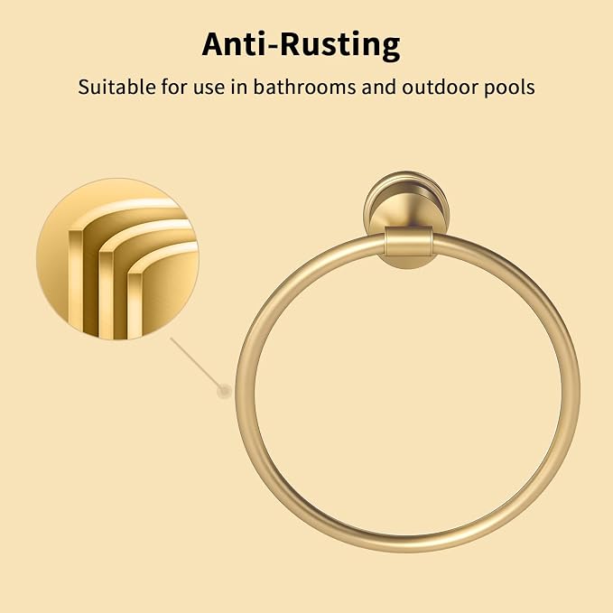 Gold Bathroom Hardware Set, 4-Pieces Wall Mounted Bath Accessories Kit, Stainless Steel Towel Bar, Towel Ring, Toilet Paper Holder & Robe Hooks, Modern Brushed Gold Finish