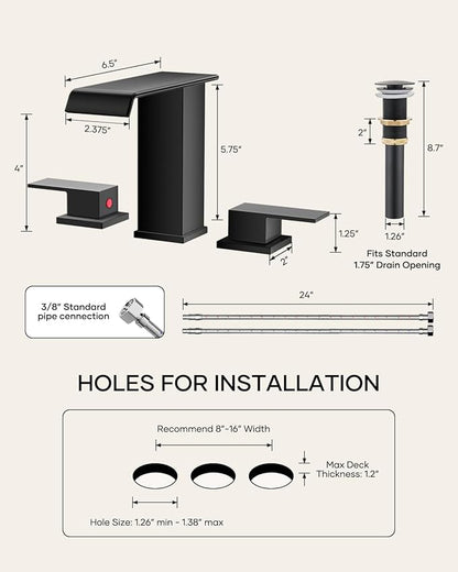Matte Black Waterfall Bathroom Faucet 3 Hole, 8 Inch Widespread Modern 3 Piece Bathroom Sink Faucet, Touch On Lavatory Faucet for Vanity RV Restroom, Straight Spout