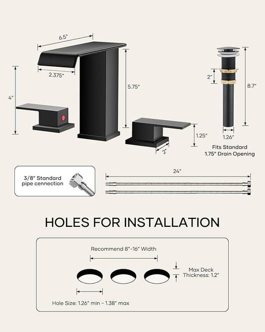 Matte Black Waterfall Bathroom Faucet 3 Hole, 8 Inch Widespread Modern 3 Piece Bathroom Sink Faucet, Touch On Lavatory Faucet for Vanity RV Restroom, Straight Spout