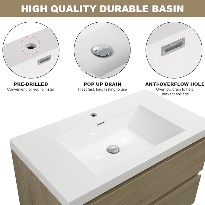 Floating Vanity Bathroom, 36 Inch Bathroom Vanity with Sink, Wall Mounted Single Sink Bathroom Vanity, Soft Closed 2 Drawers, Integrated Sink (Natural Oak)