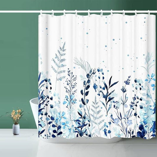 Botanical Shower Curtain - Blue, Waterproof with 12 Hooks (72" x 72")