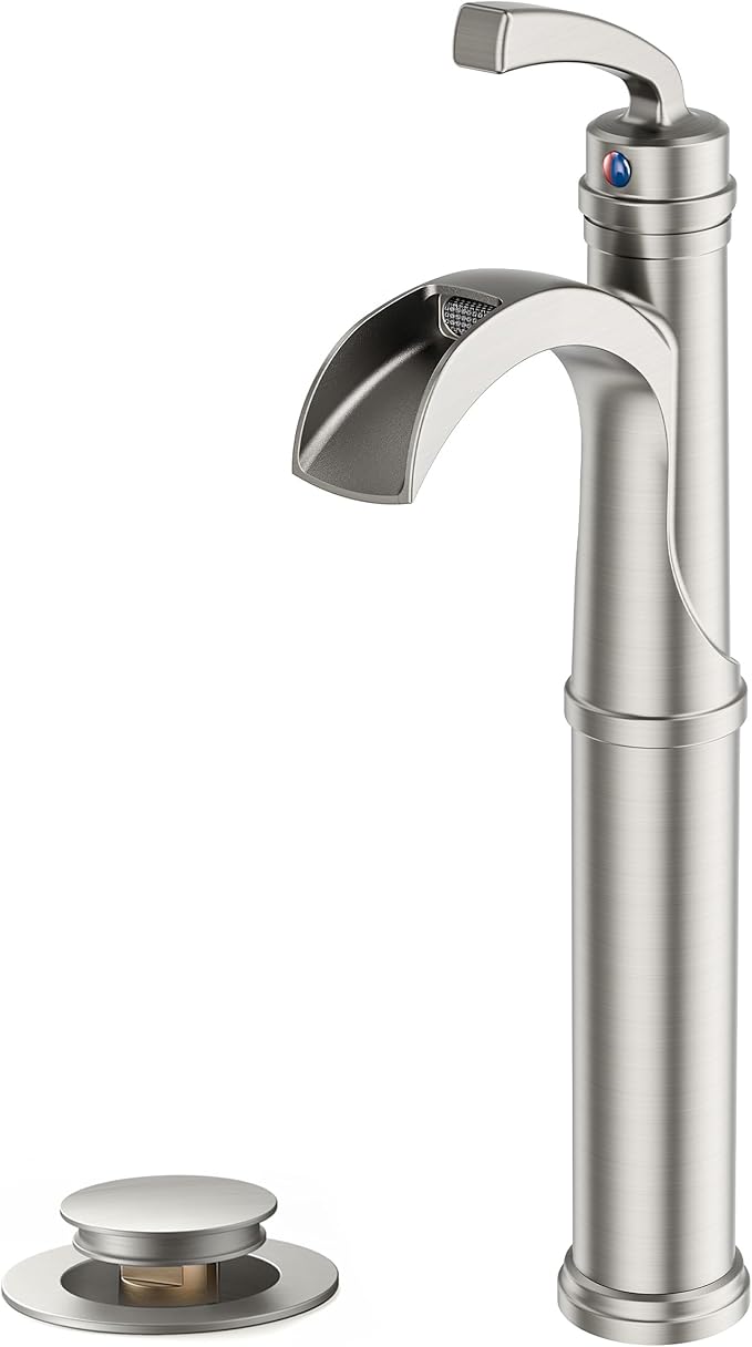 Forious Brushed Nickle Bathroom Faucets, Tall Waterfall Bathroom Faucet One Hole Single Handle Deck Mount Vessel Bathroom Sink Faucet Bowl with Metal Pop Up Drain and Supply Lines