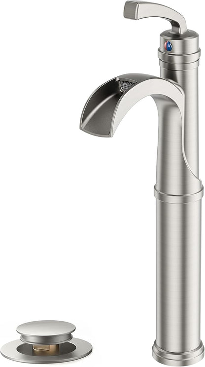 Forious Brushed Nickle Bathroom Faucets, Tall Waterfall Bathroom Faucet One Hole Single Handle Deck Mount Vessel Bathroom Sink Faucet Bowl with Metal Pop Up Drain and Supply Lines