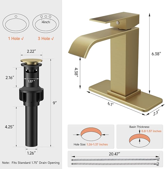 Brushed Gold Bathroom Faucets Evolvegoods Modern Waterfall Bathroom Faucet | Single Handle 1 or 3 Hole Bathroom Sink Faucet RV Mixer Tap Vanity Faucet with Deck Plate Pop-up Drain and Supply Lines