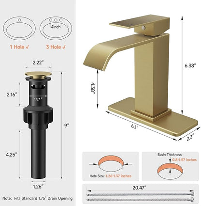 Brushed Gold Bathroom Faucets Evolvegoods Modern Waterfall Bathroom Faucet | Single Handle 1 or 3 Hole Bathroom Sink Faucet RV Mixer Tap Vanity Faucet with Deck Plate Pop-up Drain and Supply Lines