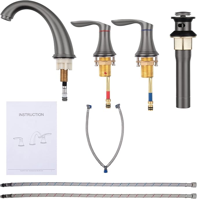 Bathroom Sink Faucet, Faucet for Bathroom Sink, Widespread Gun Grey Bathroom Faucet 3 Hole with Stainless Steel Pop Up Drain and cUPC Lead-Free Hose - (Gun Grey 2 Packs)