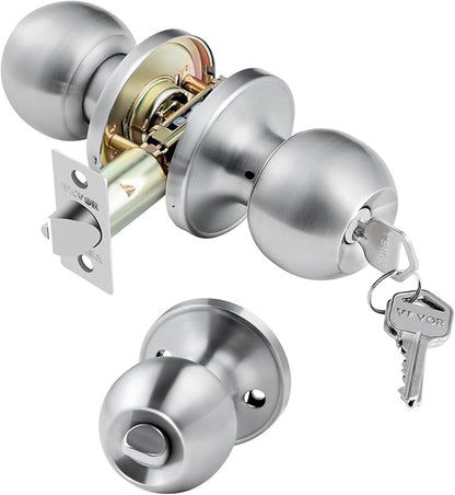 VEVOR Keyed Entry Door Knob, Satin Nickel Door Knob with Round Ball, Keyed Exterior & Thumb Turn Lock Interior, All Metal Doorknobs Hardware with Lock and Keys, Modern Design for Bedroom & Bathroom
