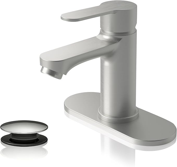 BELZ Bathroom Faucet, Single Handle Matte Black Sink Faucet for 1 or 3 Hole Installation, Modern Lead-Free Metal Vanity Faucet with Pop-Up Drain & Supply Hoses Brushed Nickel