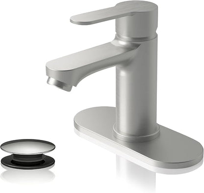 BELZ Bathroom Faucet, Single Handle Matte Black Sink Faucet for 1 or 3 Hole Installation, Modern Lead-Free Metal Vanity Faucet with Pop-Up Drain & Supply Hoses Brushed Nickel
