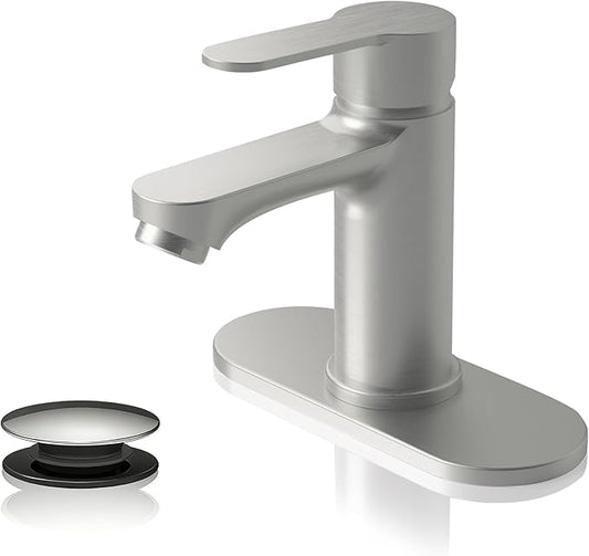 BELZ Bathroom Faucet, Single Handle Matte Black Sink Faucet for 1 or 3 Hole Installation, Modern Lead-Free Metal Vanity Faucet with Pop-Up Drain & Supply Hoses Brushed Nickel