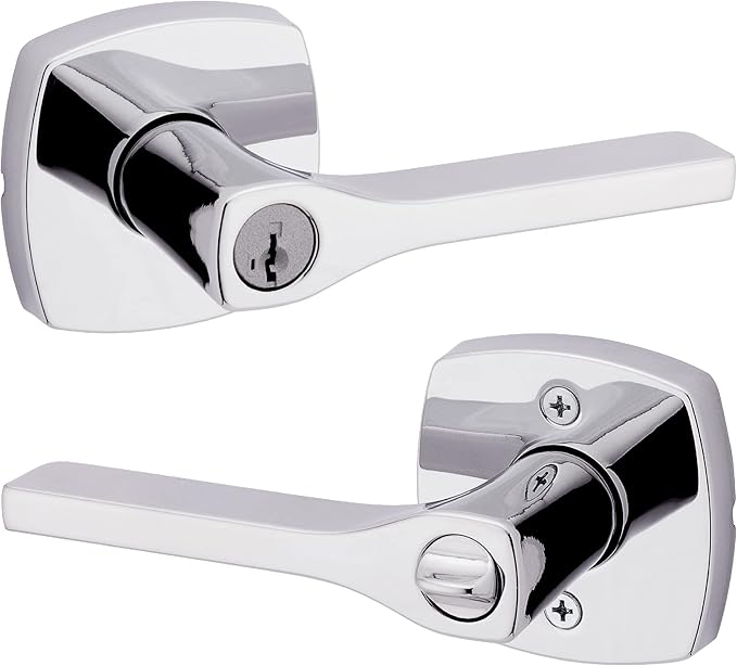 Kwikset Tripoli Lever Entry Door Handle with Lock and Key, Secure Keyed Reversible Lever Exterior, Doorlock, For Front Entrance and Bedrooms, Polished Chrome, Pick Resistant Smartkey Rekey Security