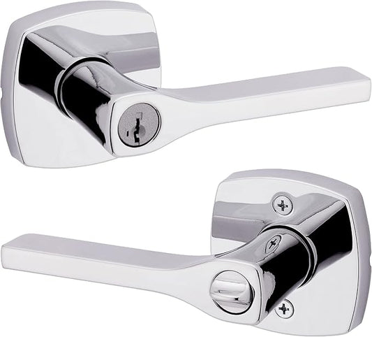 Kwikset Tripoli Lever Entry Door Handle with Lock and Key, Secure Keyed Reversible Lever Exterior, Doorlock, For Front Entrance and Bedrooms, Polished Chrome, Pick Resistant Smartkey Rekey Security