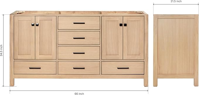 ARIEL Cambridge 66-inch Bathroom Vanity Base Cabinet,Solid Wood, 4 Soft Closing Doors, 6 Dovetail Drawers, White Oak