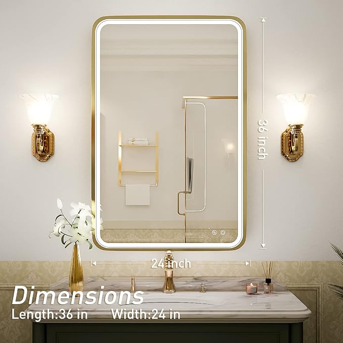 LED 36x24 Inch Lighted Bathroom Mirror,Gold Frame,3 Color | ETL Listed,Anti-Fog,3000K/4500K/6000K Dimmable,Horizontal & Vertical,Wall Mounted,Memory Function,Ideal for Bathroom,Vanity