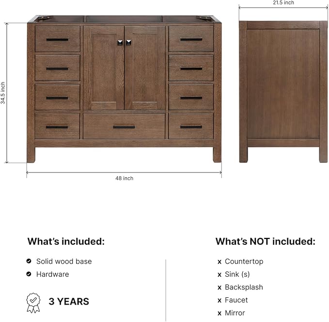 ARIEL Cambridge 48-inch Bathroom Vanity Base Cabinet,Solid Wood, 2 Soft Closing Doors, 9 Dovetail Drawers, Brown Oak