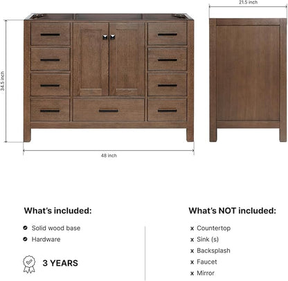 ARIEL Cambridge 48-inch Bathroom Vanity Base Cabinet,Solid Wood, 2 Soft Closing Doors, 9 Dovetail Drawers, Brown Oak