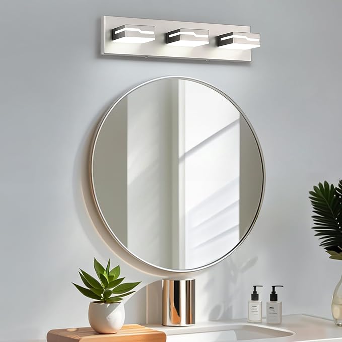 LED Modern Bathroom Vanity Light Fixtures 3-Light, 19 inch Dimmable Nickel Vanity Lights for Bathroom Lighting Fixtures Over Mirror, with 350°Rotatable Acrylic Heads(White Light 5500K)