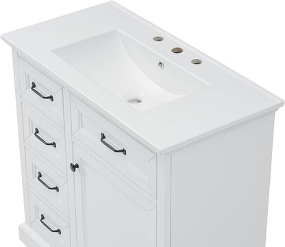 36" Bathroom Vanity with Ceramic Sink,Freestanding Storage Cabinet w/Soft-Close Door and 2 Tip-Out & 2 Drawers,Undermount Single Basin Bath Vanity Set w/Adjustable Shelf,White