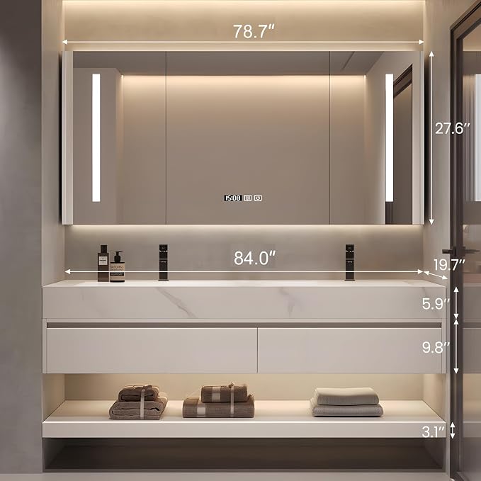 Bathroom Vanity with Sink, Single Sink Bathroom Vanity with Smart LED Defog Mirror, Display Time, Ceramic Sink, Soft Closing, Fully Pre-Assembled (White, 84in Medicine Cabinet‌ Double Sink)