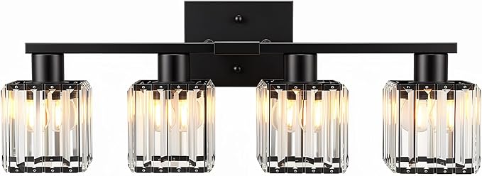 Crystal Bathroom Light Fixtures, 4-Light Matte Black, Vanity Lights for Bathroom Over Mirror, Modern Bath Wall Sconce for Mirror Bedroom Living Room