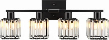 Crystal Bathroom Light Fixtures, 4-Light Matte Black, Vanity Lights for Bathroom Over Mirror, Modern Bath Wall Sconce for Mirror Bedroom Living Room