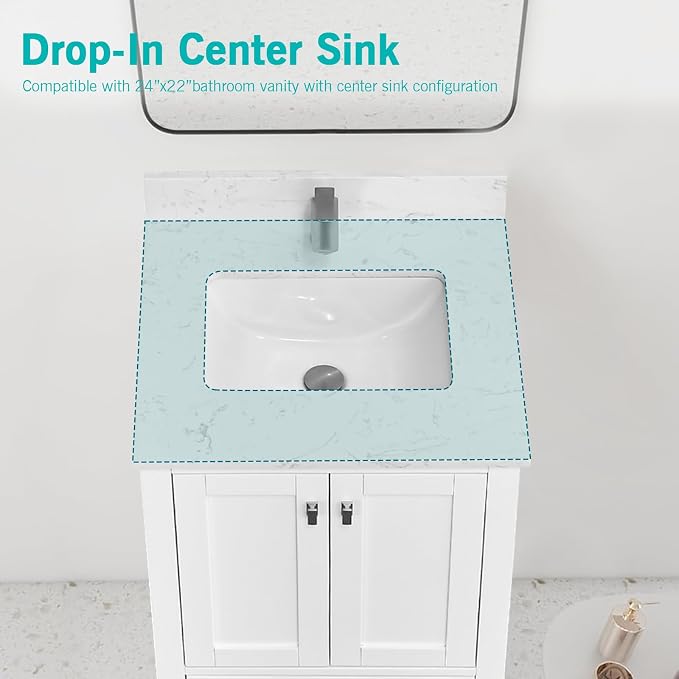 24"x22" Engineered Stone Bathroom Vanity Top with Rectangular Undermount Ceramic Sink, Single Faucet Hole with Backsplash Bathroom Vanity Sink Top (Cabinet Not Included)