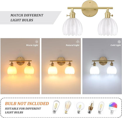Bathroom Light Fixtures, 2-Light Brass Vanity wall Light Over Mirror with White Tulip Glass Shade for Bedroom Living Room (Bulb Not Included)