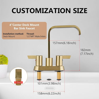 Brushed Gold Waterfall Bathroom Faucet 4 Inch Centerset,2-Handle | Stainless Steel 3-Hole Deck-Mount Design Includes Supply Lines and Pop-Up Drain for a Complete Vanity Installation