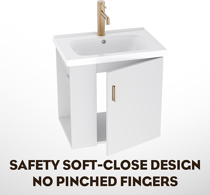 phiestina 20 Inch White Floating Small Bathroom Vanity, Pre-Assembled Wall Mounted Cabinet with Sink, Left Side Storage, Soft-Close Door, Modern Space-Saving Design, No Faucet, BV04-20-WHITE-PLUS
