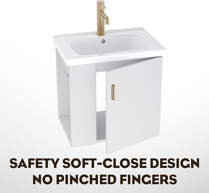 phiestina 20 Inch White Floating Small Bathroom Vanity, Pre-Assembled Wall Mounted Cabinet with Sink, Left Side Storage, Soft-Close Door, Modern Space-Saving Design, No Faucet, BV04-20-WHITE-PLUS