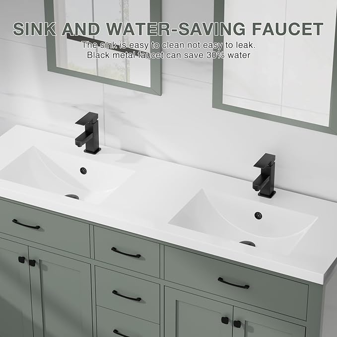 LUCKWIND 60" Bathroom Vanity and Sink Combo, Painted Modern Bathroom Storage Cabinet with Double Ceramic Sink, Four Doors and Three Drawers, Include Faucet, Without Mirror, Green