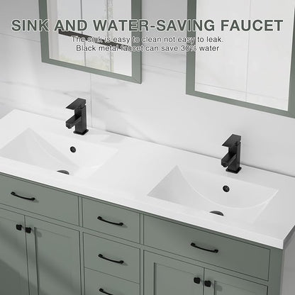 LUCKWIND 60" Bathroom Vanity and Sink Combo, Painted Modern Bathroom Storage Cabinet with Double Ceramic Sink, Four Doors and Three Drawers, Include Faucet, Without Mirror, Green
