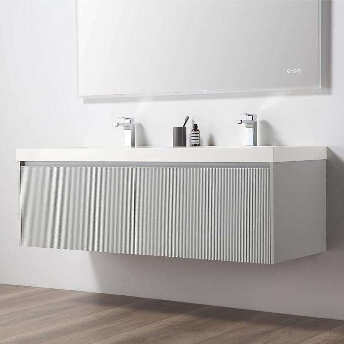 Blossom 60 Inch Double Sink Bathroom Vanity with Side Cabinets, All Wood Wall Mounted Floating Bathroom Vanity Cabinet with Acrylic Sink, Soft-Close Drawers, Bathroom Vanities, Light Grey
