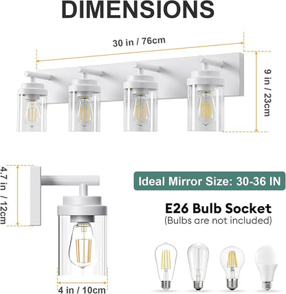 IZORRO Bathroom Vanity Light Fixture, 4-Light 30 Inch White Bathroom Light Fixtures Over Mirror, with Clear Glass Shade, Modern Farmhouse Vanity Lights, Rustic Restroom Lighting Fixtures