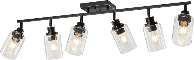 LOUSACE 6 Light Kitchen Track Light Fixtures Ceiling Vanity Lights Black, Bathroom Track Lighting Kit w/Rotatable Heads & Clear Glass Shade, Modern Wall Ceiling Tracking Light for Accent Shop Hallway