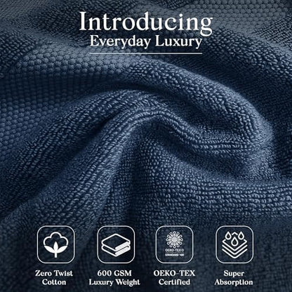 Premium Staple Cotton Bathroom Towel Set - Navy 600 GSM 6-Piece Luxury Bath Towel Set 1 Stripe - 2 Bath Towels, 2 Hand Towels & 2 Washclothes Set - High Absorbent & Quick Dry for Gym, Spa, Hotel