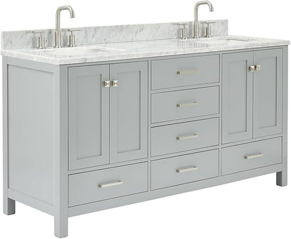 ARIEL Cambridge 66-inch Bathroom Vanity with Sink,Solid Wood, 0.75-inch Italian Carrara Marble Countertop, Double Rectangular Porcelain Sink, 4 Soft Closing Doors, 6 Dovetail Drawers, Grey