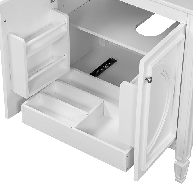 Christopher Knight Home Benton 30" Bathroom Vanity with Ceramic Sink, Rubberwood Frame, Adjustable Shelves, Soft Close Door Hinges, Storage Cabinet with 2-Tier Door Organizer, 1 Drawer, White