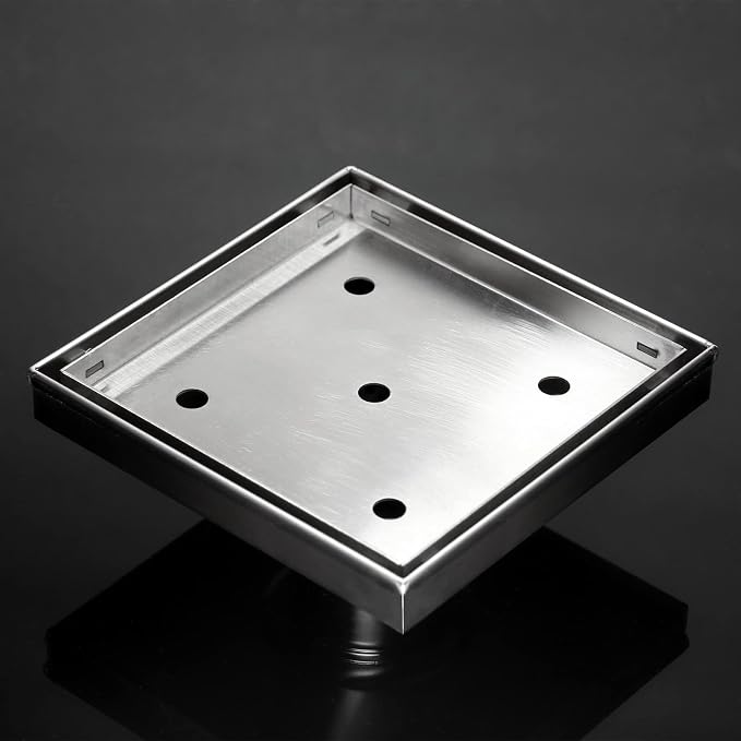 6 Inch Square Shower Drain with Tile Insert Grate, Brushed | 304 Stainless Steel, Square Tile Floor Drain for Bathroom, Removable Tile-In Drain Grate with Hair Strainer, cUPC Certified