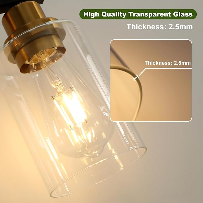 Unicozin Modern Bathroom Light Fixtures, 5 Light Vanity Lights Over Mirror, Black and Gold Wall Lamp with Clear Glass for Living Room Cabinet Bedroom Porch