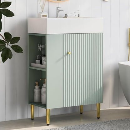 22" Small Bathroom Vanity with Sink, Morden Bathroom Vanities with Soft-Close Door and Open Shelf, Freestanding Narrow Vanity for Compact Space-Saving Bathrooms (Green,22" Freestanding Left Shelf)