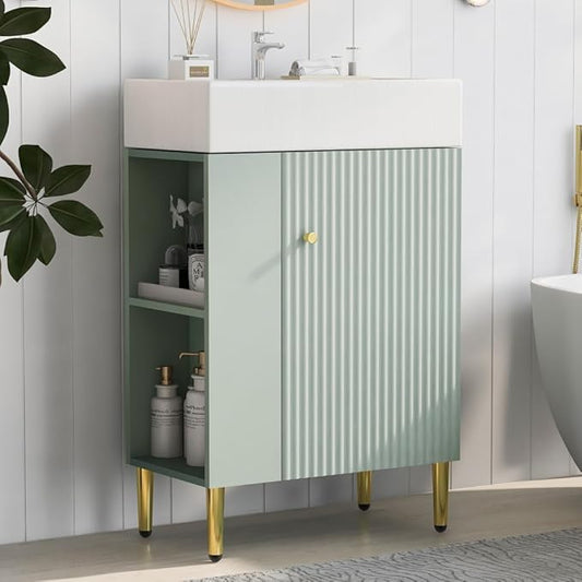 22" Small Bathroom Vanity with Sink, Morden Bathroom Vanities with Soft-Close Door and Open Shelf, Freestanding Narrow Vanity for Compact Space-Saving Bathrooms (Green,22" Freestanding Left Shelf)