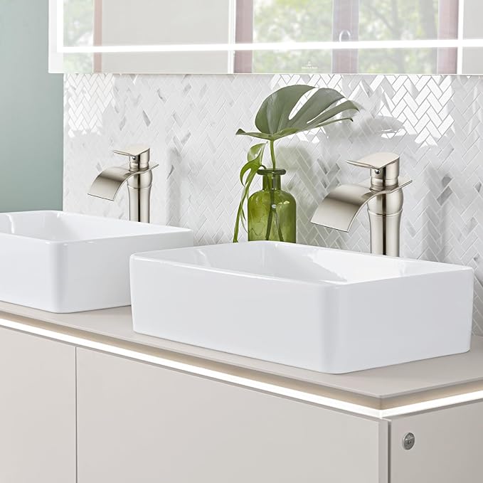 gotonovo Waterfall Vessel Sink Faucet for Sink 1 Hole,Single Handle Tall Bathroom Sink Faucet,Brass Waterfall Bathroom Faucet Arc Body Mixer Tap with Pop Up Drain and Supply Line,Brushed Nickel