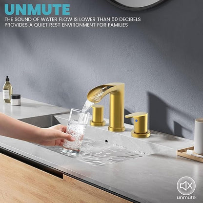 Brushed Gold Waterfall Bathroom Faucets - Waterfall 8 Inch Gold Widespread Bathroom Sink Faucet, 2 Handles Vanity Faucets 3 Holes for Restroom RV Bathtub with Pop Up Drain & Supply Lines