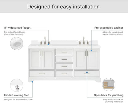 ARIEL Stafford 72-inch Bathroom Vanity with Sink,Solid Wood, 1.5-inch Pure White Quartz Countertop & Backsplash, Double Oval Porcelain Sink, 4 Soft Closing Doors, 6 Dovetail Drawers, White