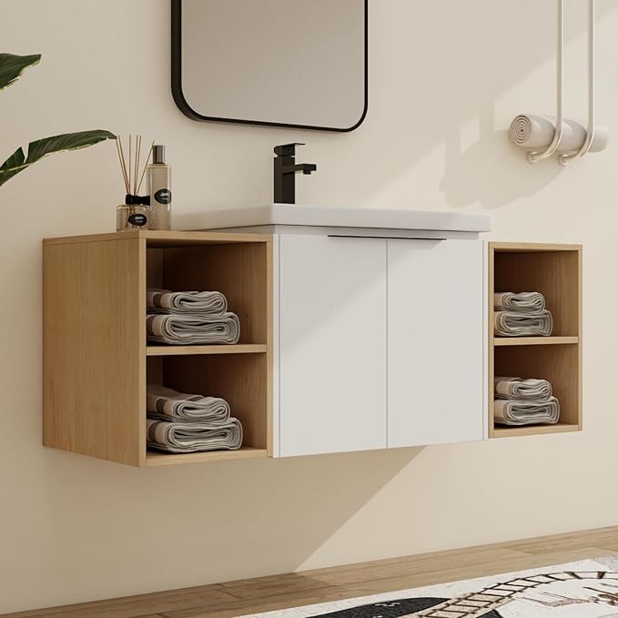 Malwee 48" Floating Bathroom Vanity with White Ceramic Basin Sink Top, 48 Inch Single Sink Wall Mounted Bathroom Vanity, with 2 Doors and 2 Storage Shelves.MA07448