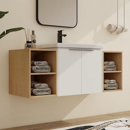 Malwee 48" Floating Bathroom Vanity with White Ceramic Basin Sink Top, 48 Inch Single Sink Wall Mounted Bathroom Vanity, with 2 Doors and 2 Storage Shelves.MA07448