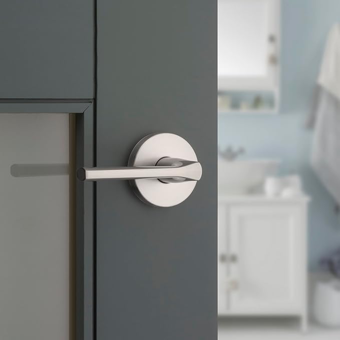 Kwikset Lisbon Interior Privacy Door Handle with Lock, Round Lever for Bathroom and Bedroom, Satin Nickel Reversible Keyless Push Button Lock Door Lever, with Microban Protection